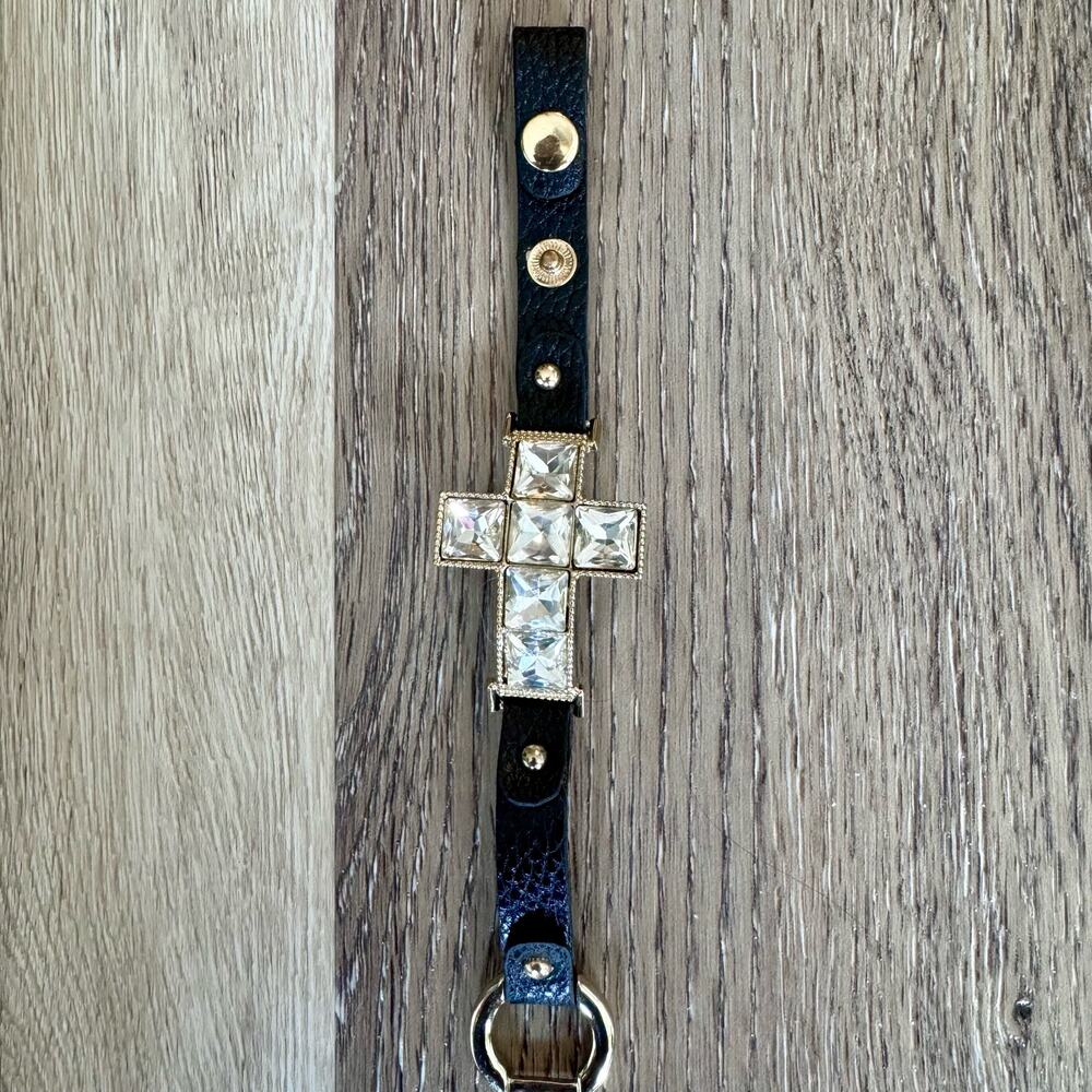 Black Leather Bling Cross Bracelet